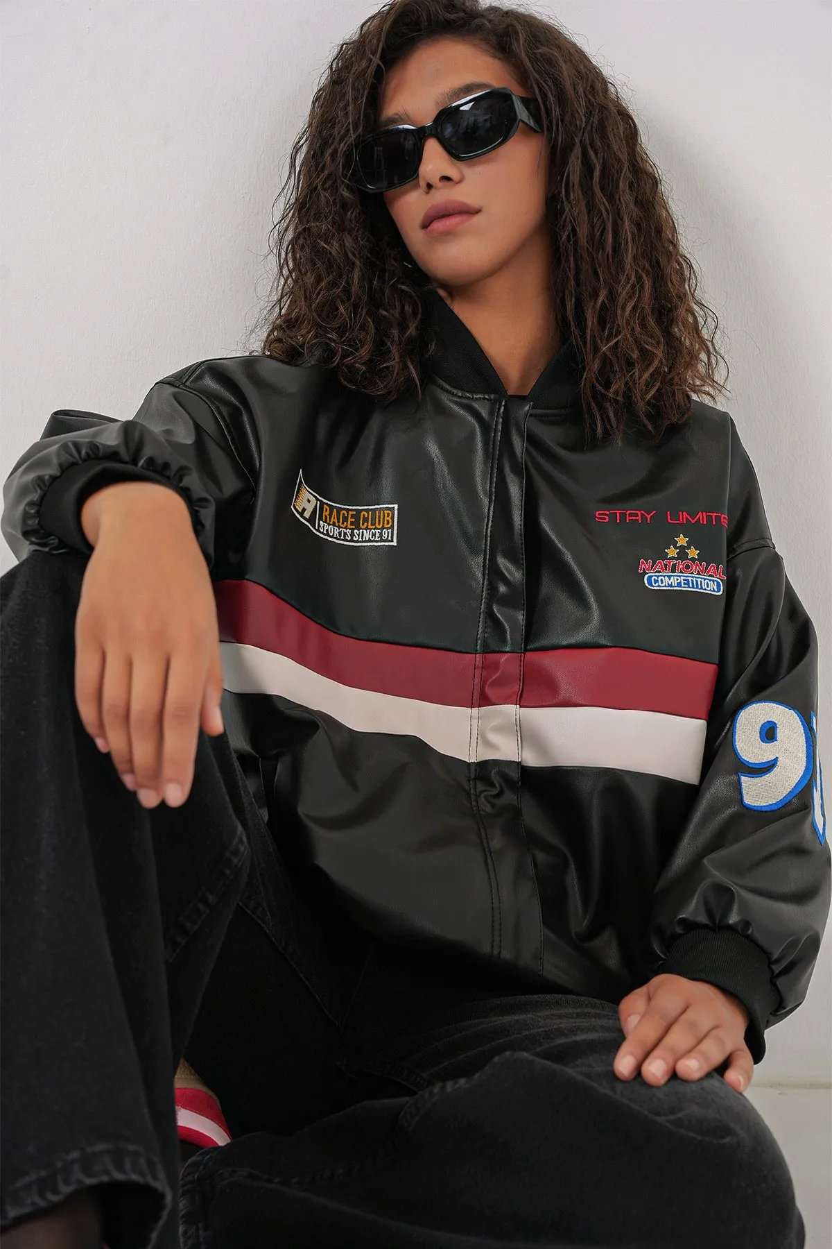 0698 baskili suni deri bomber ceket