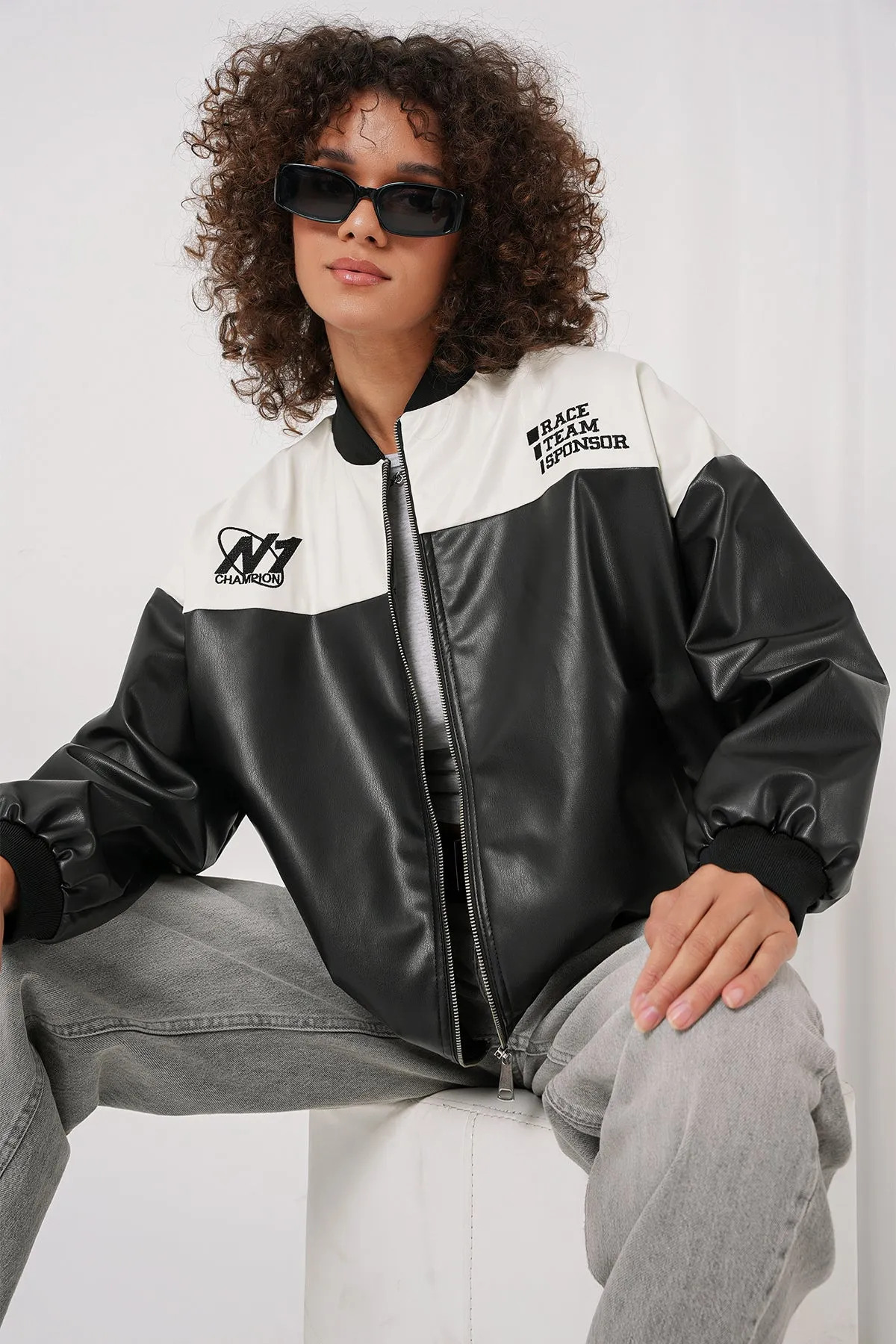 0698 baskili suni deri bomber ceket