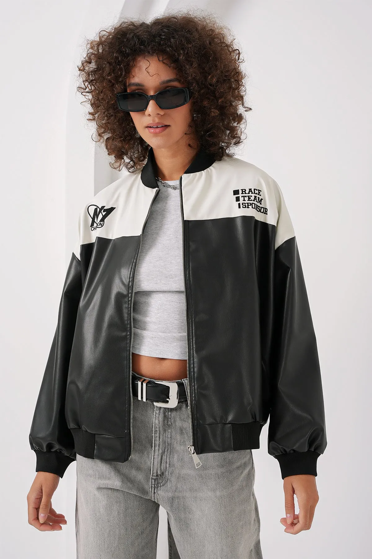 0698 baskili suni deri bomber ceket
