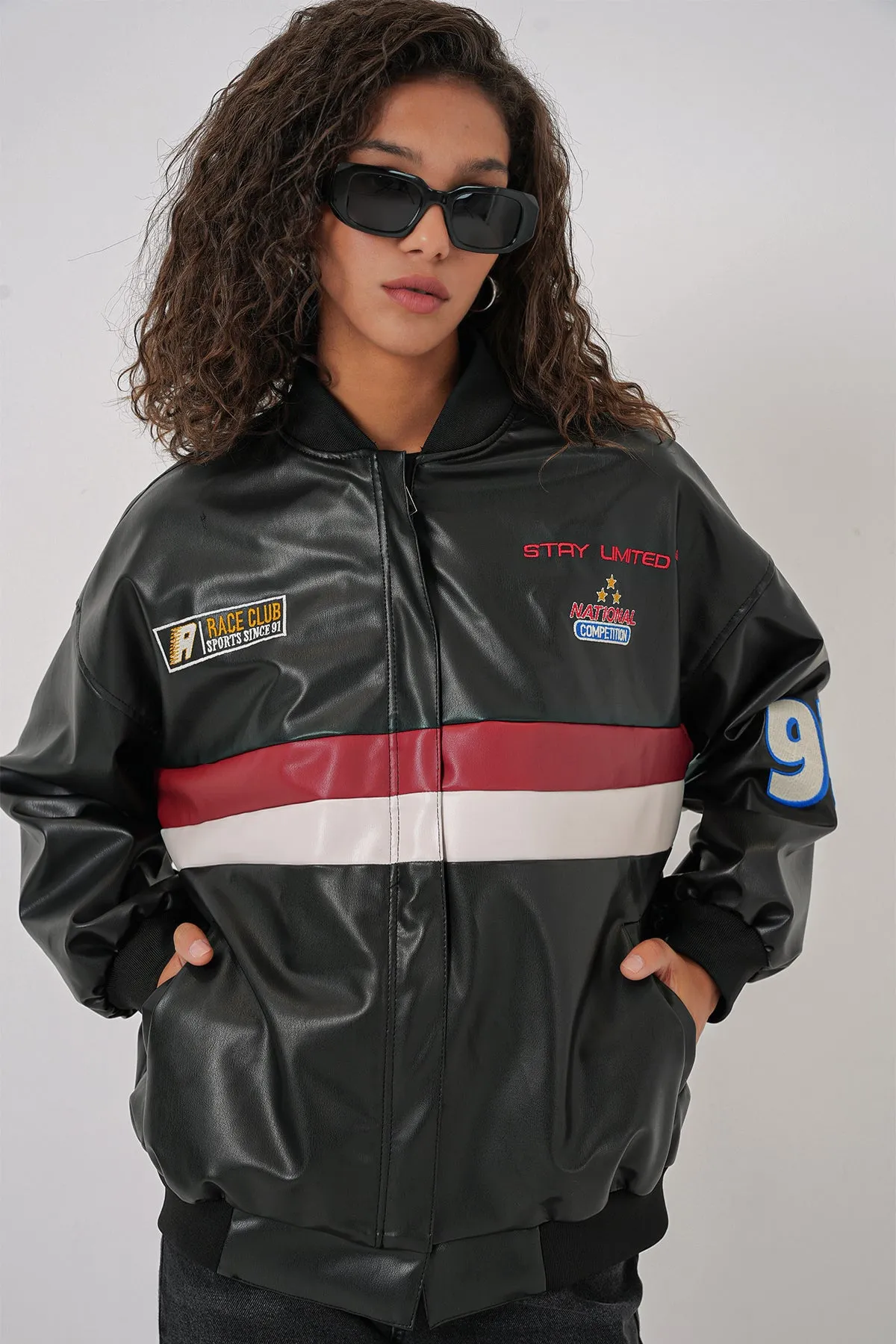 0698 baskili suni deri bomber ceket