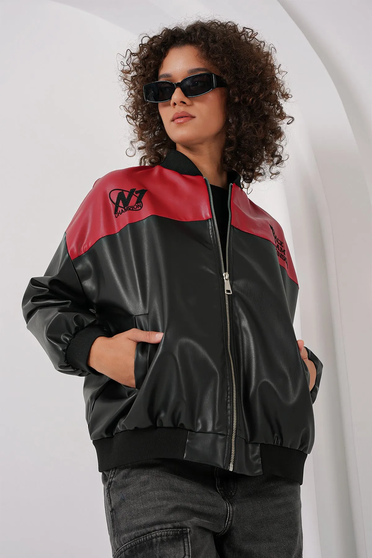 0698 baskili suni deri bomber ceket