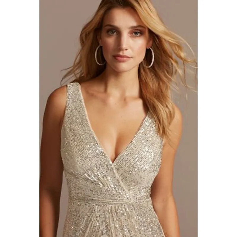 Allover Sequin Pleated V Neck Gown Slit Straps Floor Length Sleeveless