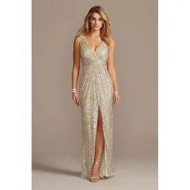 Allover Sequin Pleated V Neck Gown Slit Straps Floor Length Sleeveless