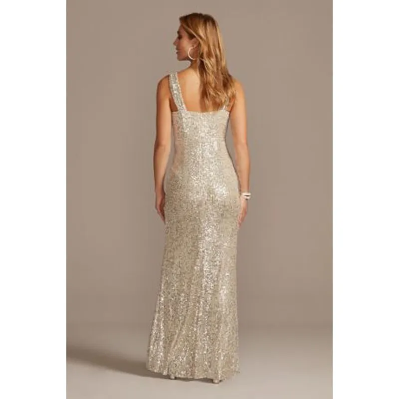 Allover Sequin Pleated V Neck Gown Slit Straps Floor Length Sleeveless