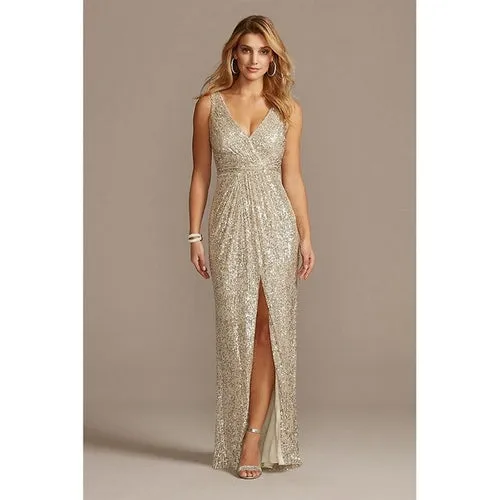 Allover Sequin Pleated V Neck Gown Slit Straps Floor Length Sleeveless