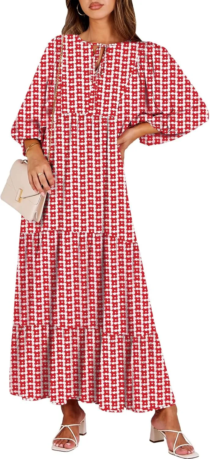ANRABESS Womens Boho Maxi Dresses 2025 Summer V Neck Puff Sleeve Floral Flowy Swing Casual Long Dress