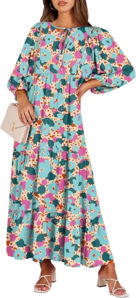 ANRABESS Womens Boho Maxi Dresses 2025 Summer V Neck Puff Sleeve Floral Flowy Swing Casual Long Dress