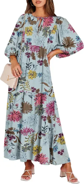 ANRABESS Womens Boho Maxi Dresses 2025 Summer V Neck Puff Sleeve Floral Flowy Swing Casual Long Dress