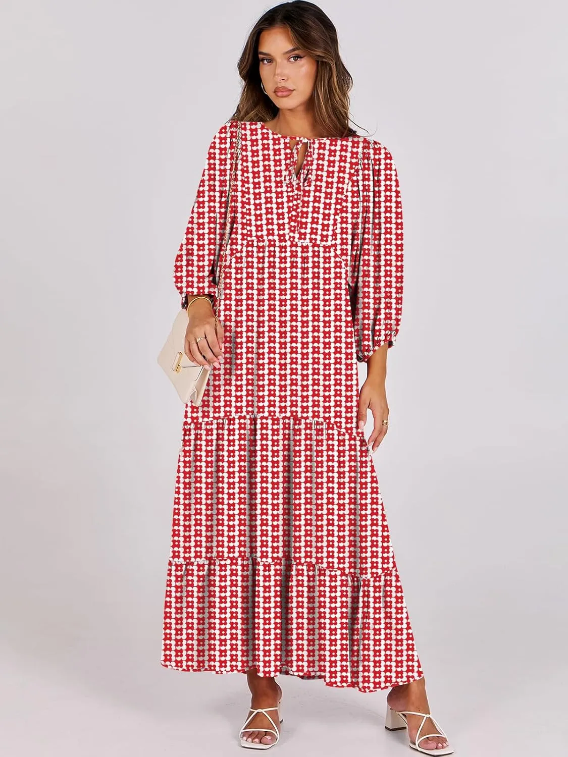 ANRABESS Womens Boho Maxi Dresses 2025 Summer V Neck Puff Sleeve Floral Flowy Swing Casual Long Dress