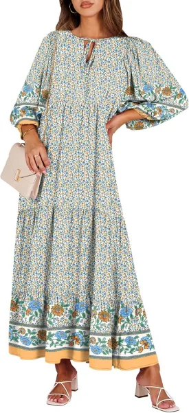 ANRABESS Womens Boho Maxi Dresses 2025 Summer V Neck Puff Sleeve Floral Flowy Swing Casual Long Dress