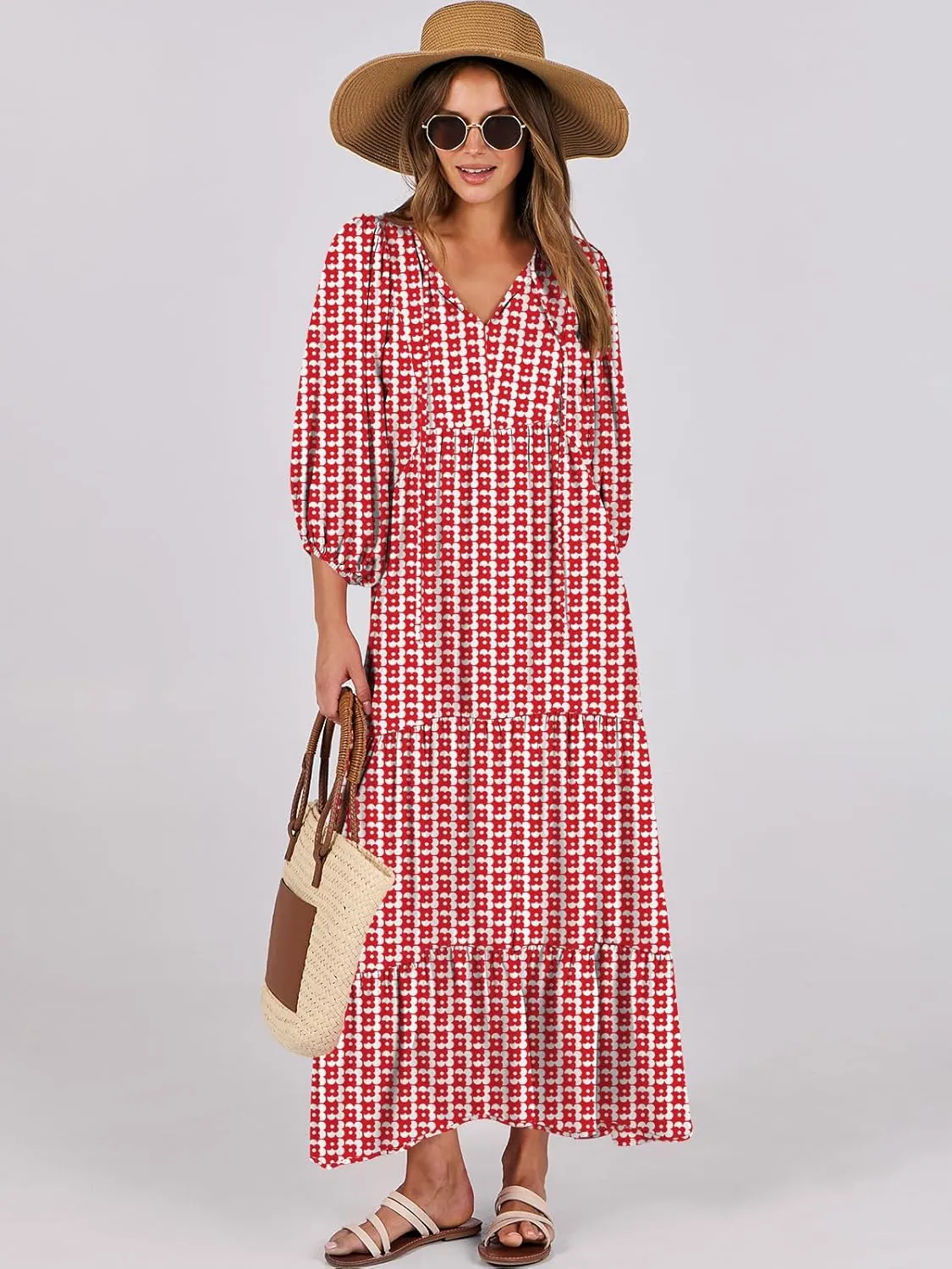ANRABESS Womens Boho Maxi Dresses 2025 Summer V Neck Puff Sleeve Floral Flowy Swing Casual Long Dress