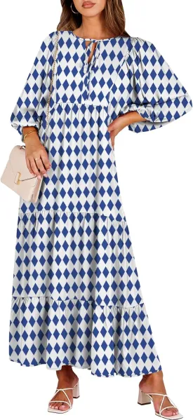 ANRABESS Womens Boho Maxi Dresses 2025 Summer V Neck Puff Sleeve Floral Flowy Swing Casual Long Dress