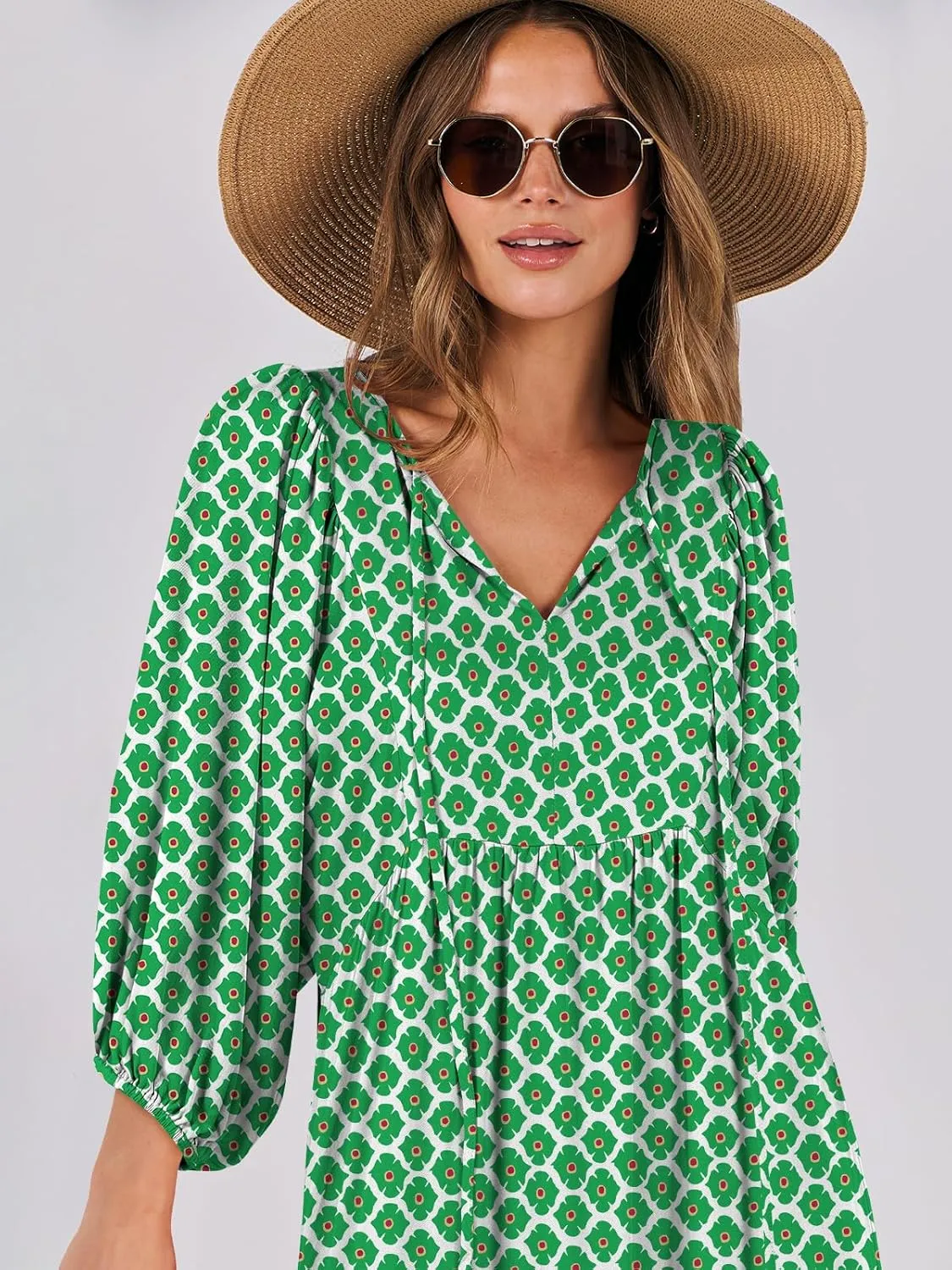 ANRABESS Womens Boho Maxi Dresses 2025 Summer V Neck Puff Sleeve Floral Flowy Swing Casual Long Dress