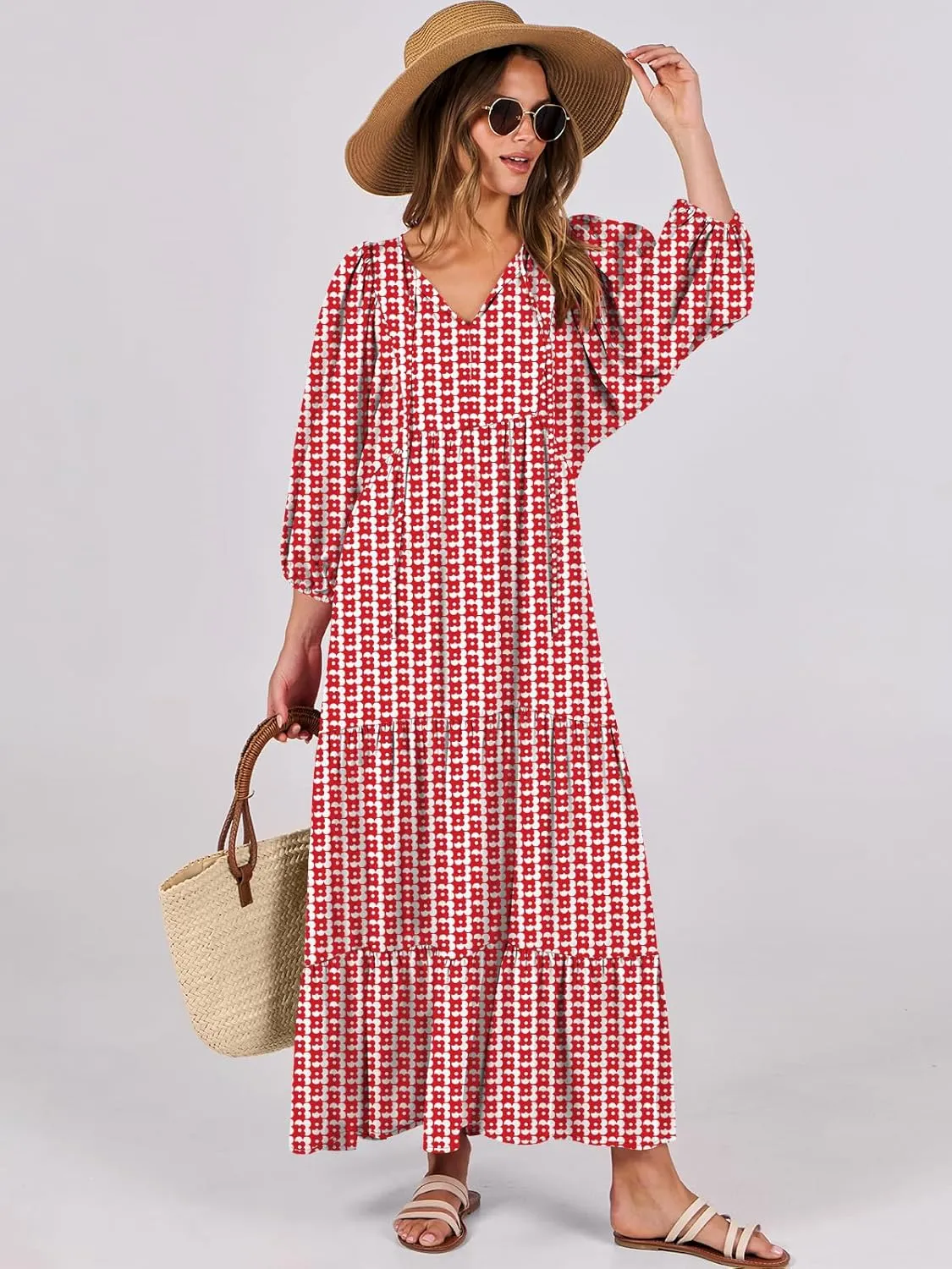 ANRABESS Womens Boho Maxi Dresses 2025 Summer V Neck Puff Sleeve Floral Flowy Swing Casual Long Dress