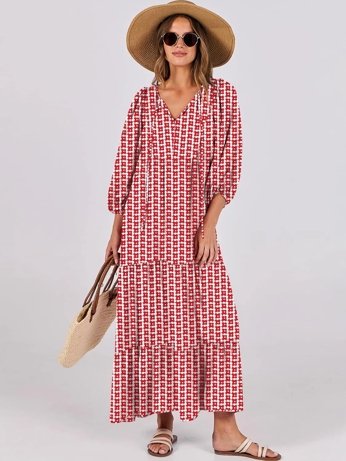 ANRABESS Womens Boho Maxi Dresses 2025 Summer V Neck Puff Sleeve Floral Flowy Swing Casual Long Dress