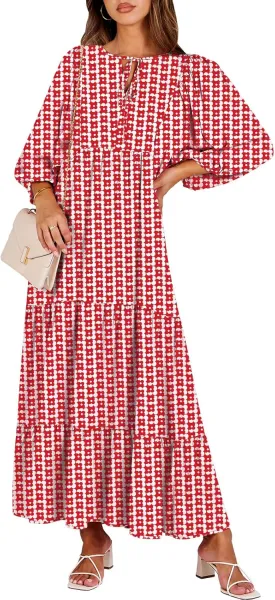 ANRABESS Womens Boho Maxi Dresses 2025 Summer V Neck Puff Sleeve Floral Flowy Swing Casual Long Dress