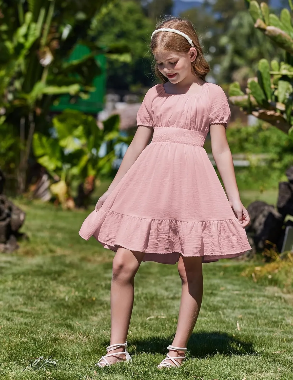 Arshiner Girls Tie Back Short Sleeve Ruffle Hem Off Shoulder Casual Elegant Dresses 4-12 Years