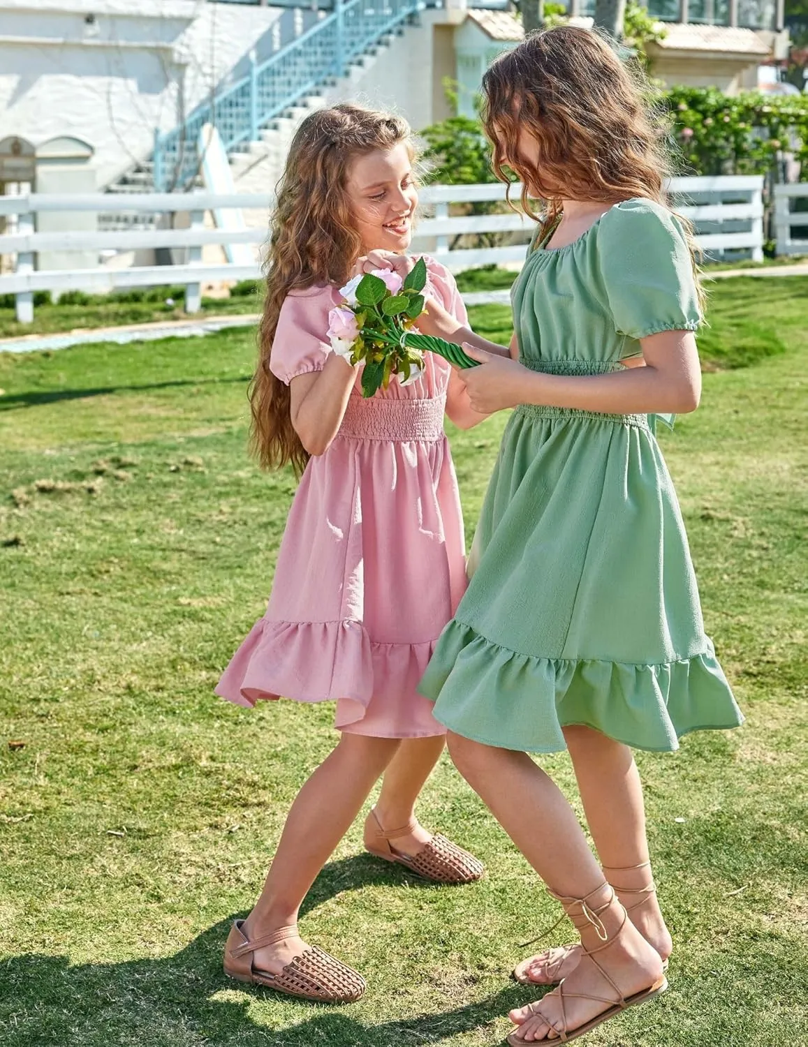 Arshiner Girls Tie Back Short Sleeve Ruffle Hem Off Shoulder Casual Elegant Dresses 4-12 Years