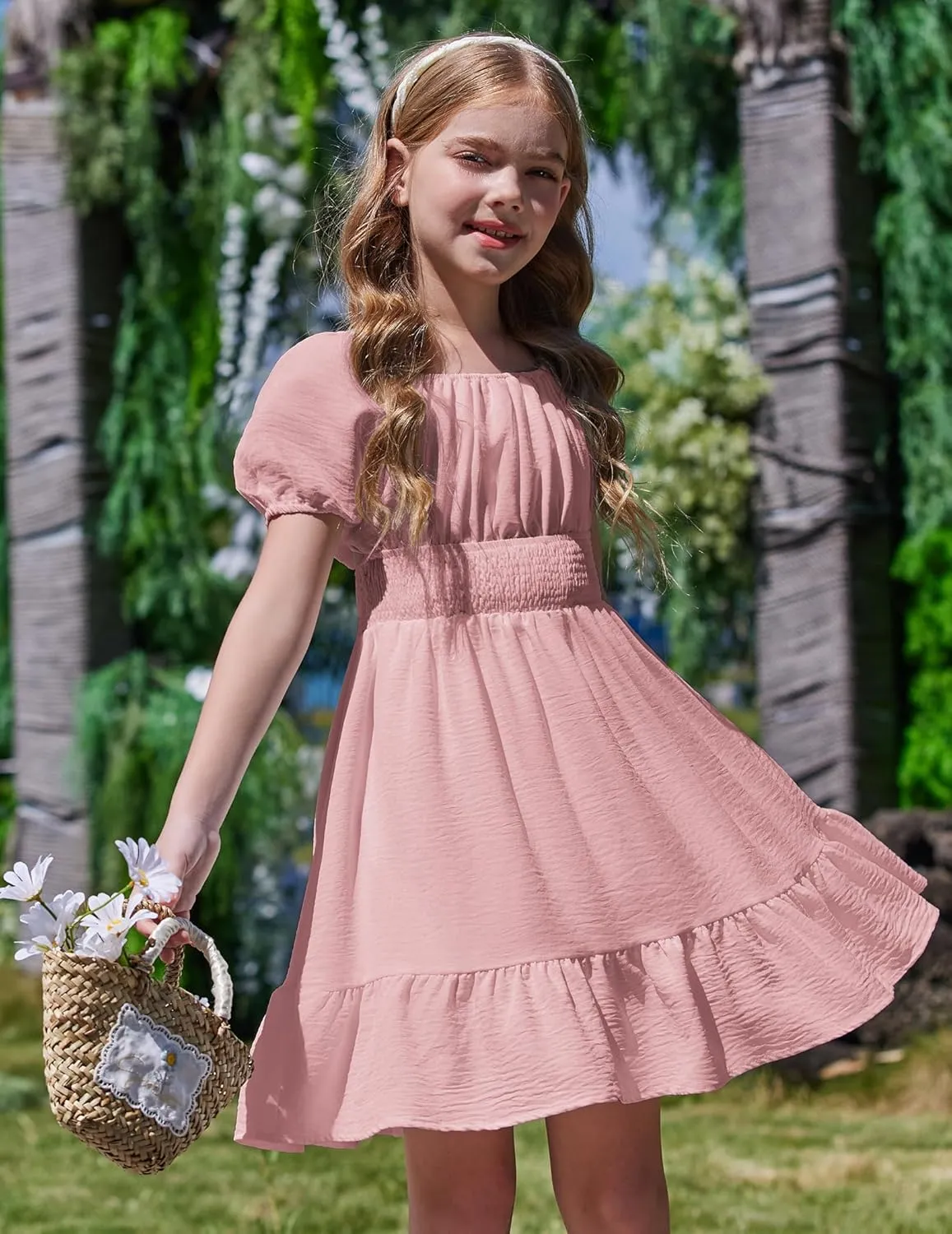 Arshiner Girls Tie Back Short Sleeve Ruffle Hem Off Shoulder Casual Elegant Dresses 4-12 Years