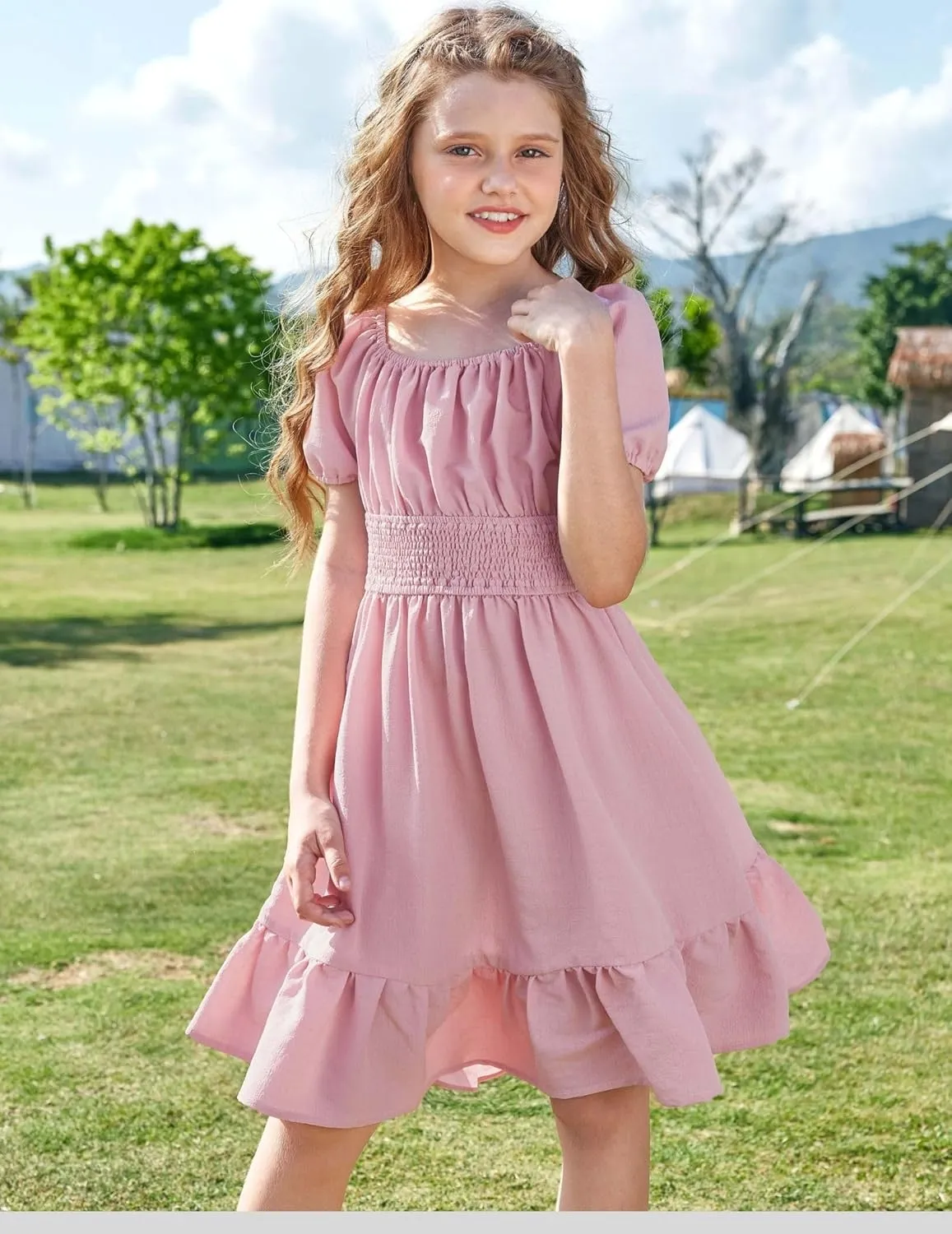 Arshiner Girls Tie Back Short Sleeve Ruffle Hem Off Shoulder Casual Elegant Dresses 4-12 Years