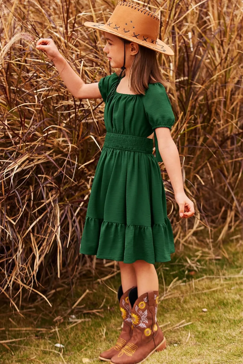 Arshiner Girls Tie Back Short Sleeve Ruffle Hem Off Shoulder Casual Elegant Dresses 4-12 Years