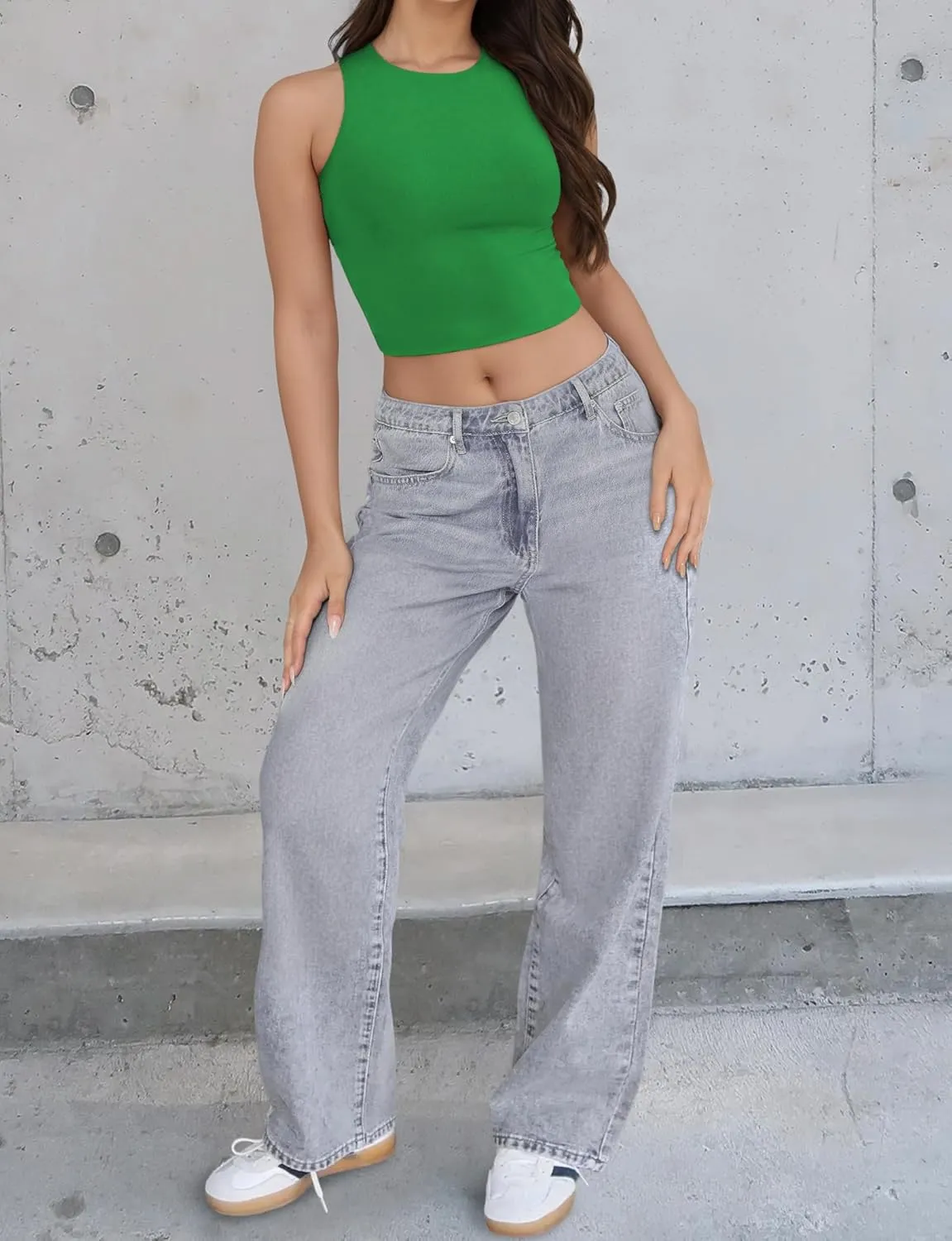 AURUZA Crop Tops for Women, High Neck Cropped Tank Top Double Lined Sleeveless Racerback Workout Tops Basic Cute Summer Shirt