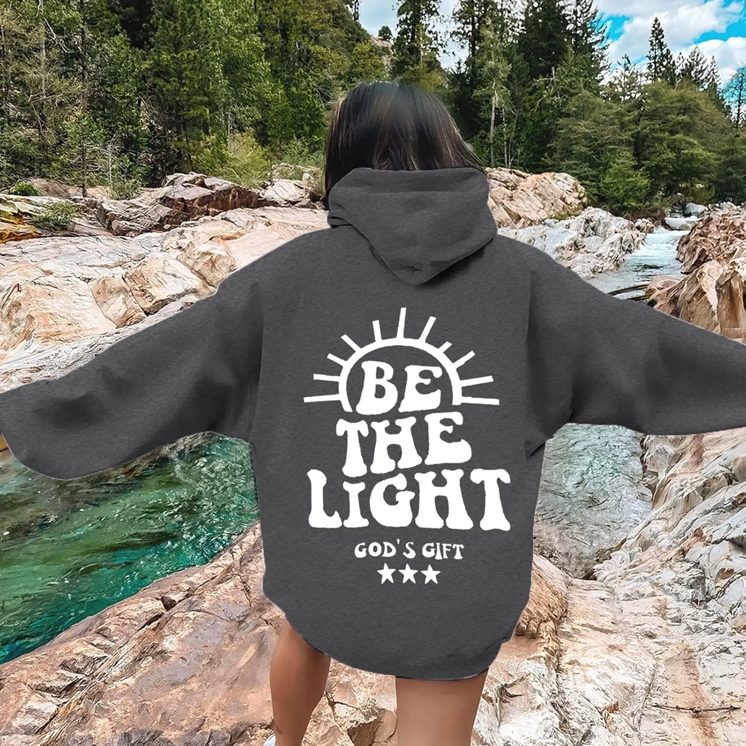 Be The Light Sweatshirt For Women Long Sleeve Drop Shoulder Casual Sweatshirts Drawstring Pockets Comfort Trendy Hoodie