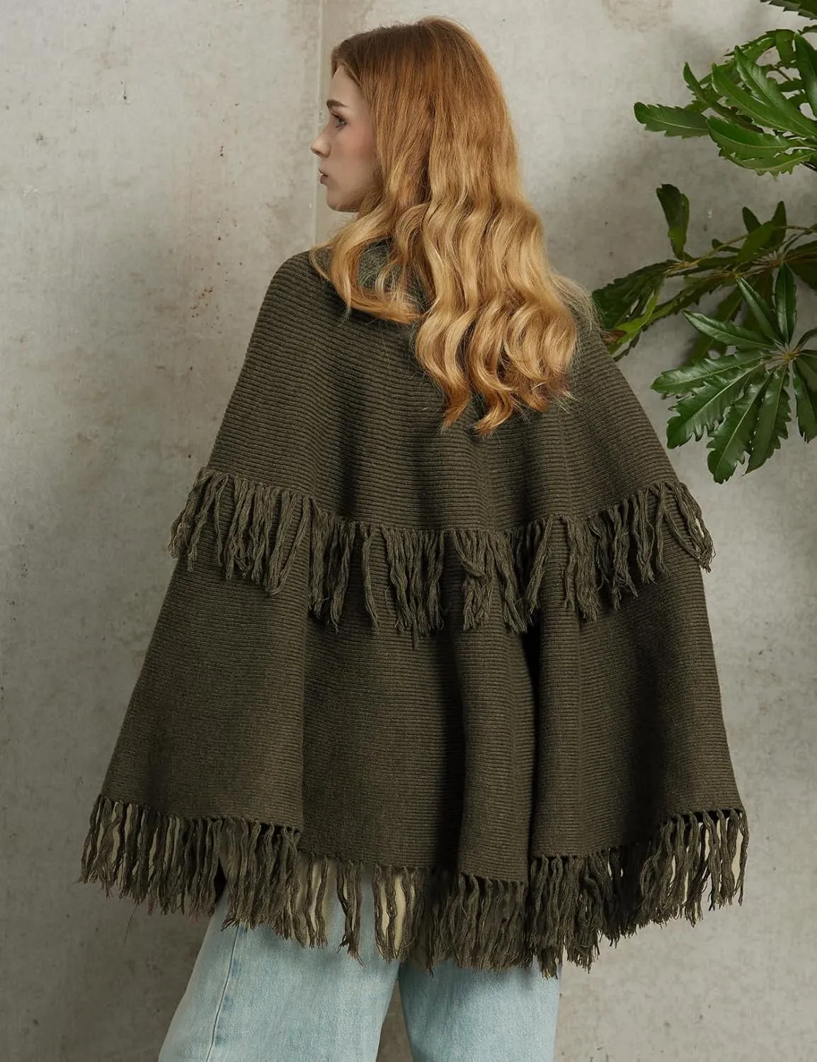 BEAUZSUZSANA Women Wool Blend Cape Poncho Shawl Knitted Cardigans with Button Tassel