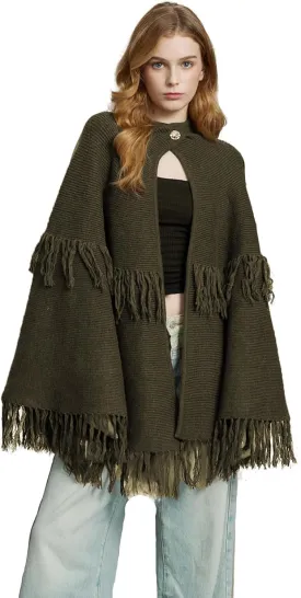 BEAUZSUZSANA Women Wool Blend Cape Poncho Shawl Knitted Cardigans with Button Tassel