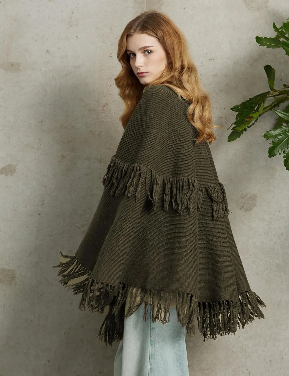 BEAUZSUZSANA Women Wool Blend Cape Poncho Shawl Knitted Cardigans with Button Tassel