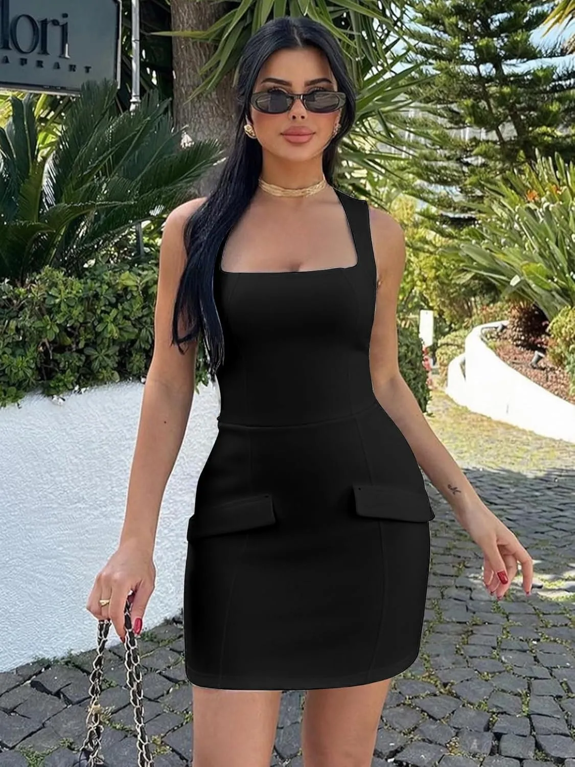 BORIFLORS Women's Sexy Bodycon Corset Mini A Line Dresses Sleeveless Square Neck Party Short Dress