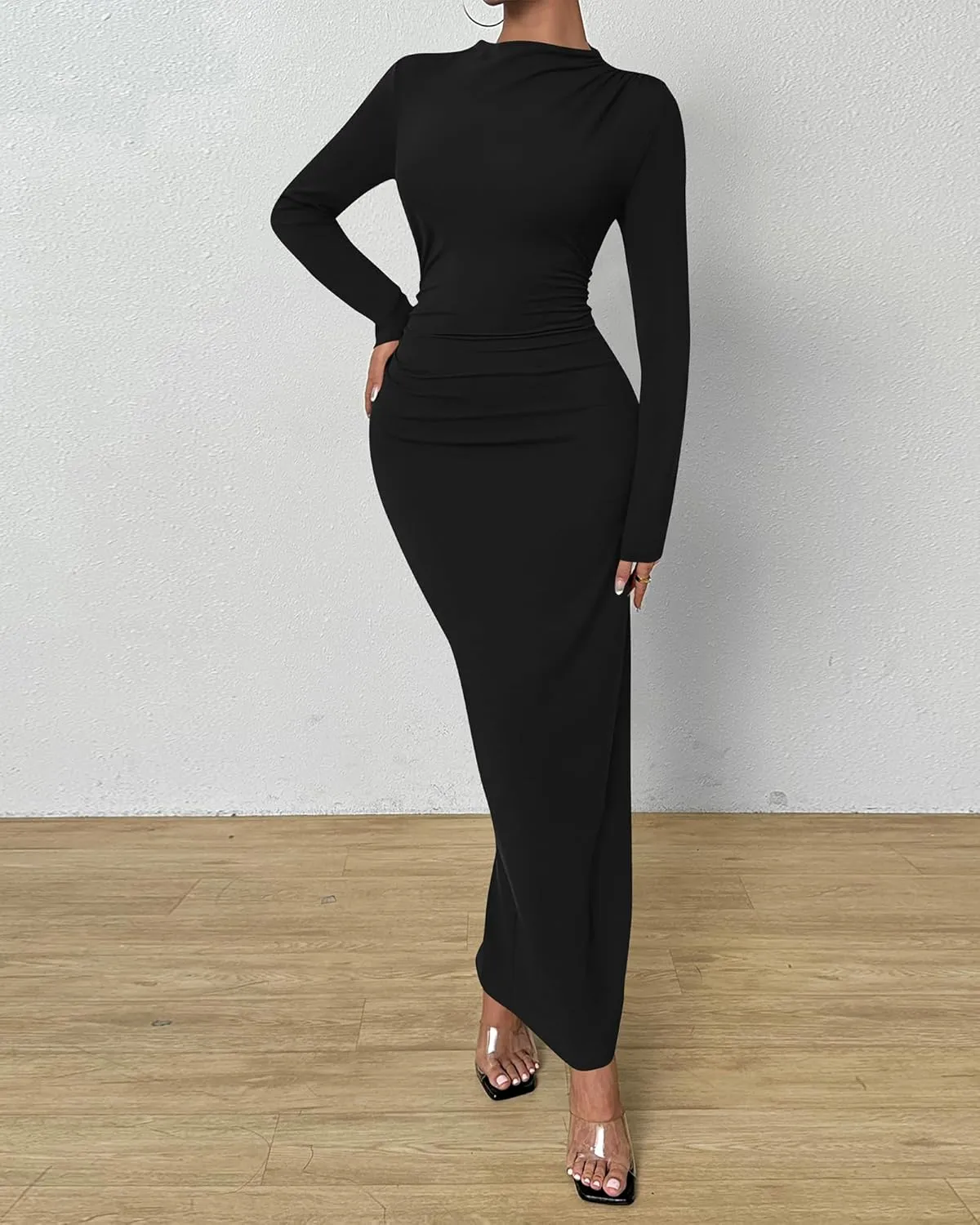 BTFBM Women Bodycon Maxi Dress Long Sleeve Back Slit Ruched Elegant Party Cocktail Formal Spring Wedding Guest Dresses