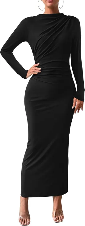 BTFBM Women Bodycon Maxi Dress Long Sleeve Back Slit Ruched Elegant Party Cocktail Formal Spring Wedding Guest Dresses