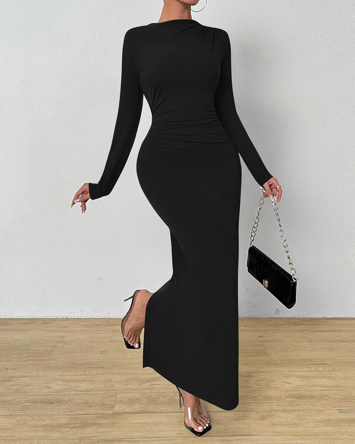 BTFBM Women Bodycon Maxi Dress Long Sleeve Back Slit Ruched Elegant Party Cocktail Formal Spring Wedding Guest Dresses