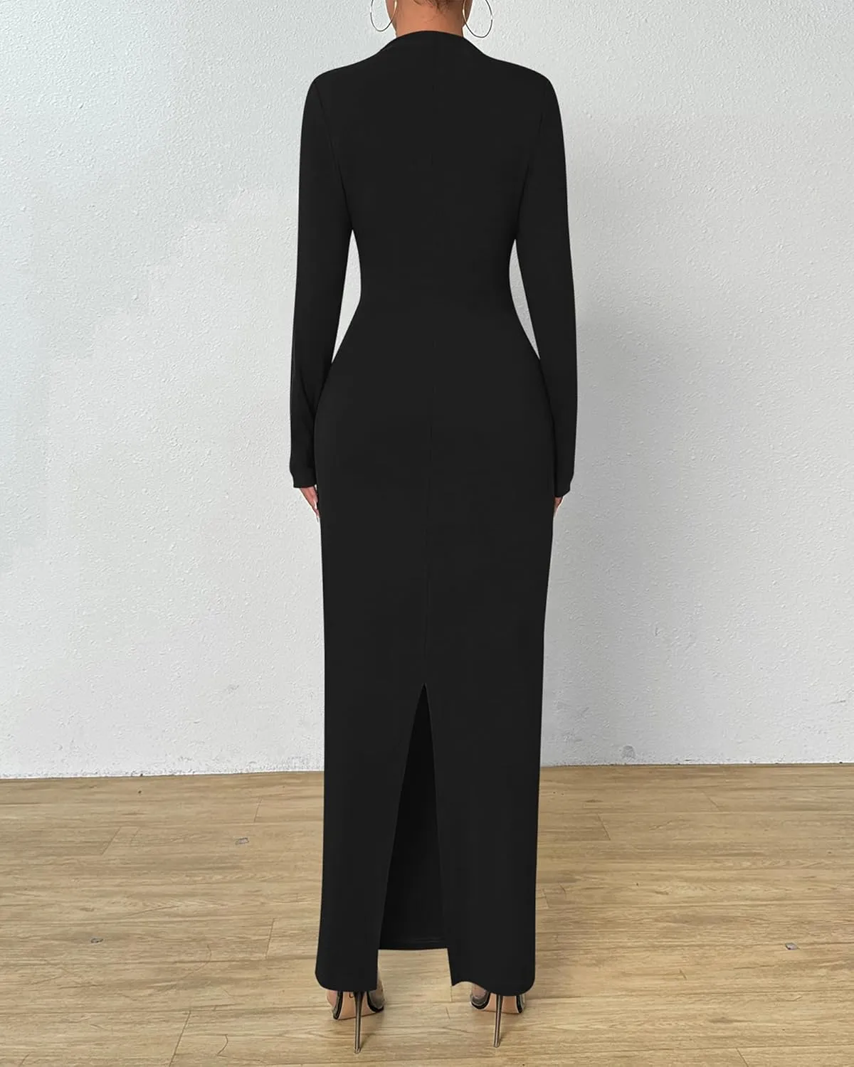 BTFBM Women Bodycon Maxi Dress Long Sleeve Back Slit Ruched Elegant Party Cocktail Formal Spring Wedding Guest Dresses