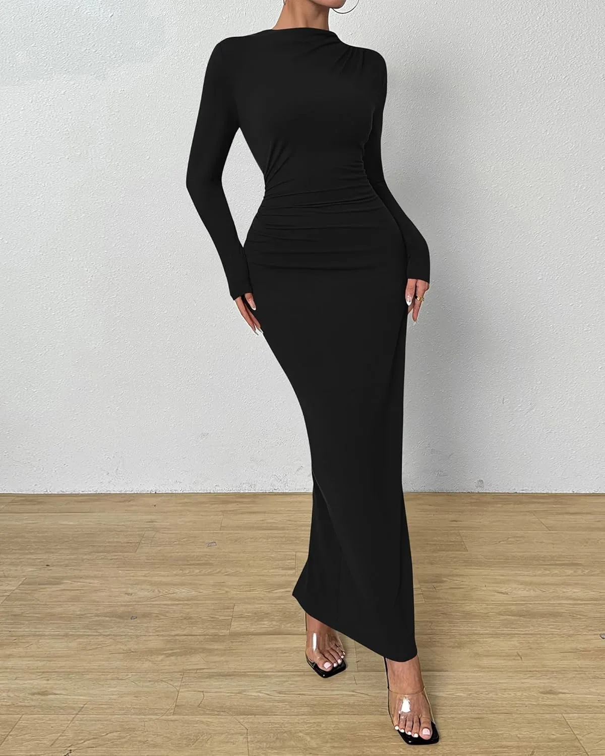 BTFBM Women Bodycon Maxi Dress Long Sleeve Back Slit Ruched Elegant Party Cocktail Formal Spring Wedding Guest Dresses