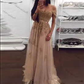 Champagne Lace Beaded Arabic Evening Dresses Off The Shoulder A Line