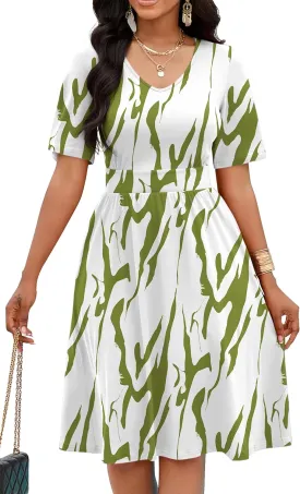 CLOCOR Summer Women Print Midi V Neck Empire Waist A-Line Short Sleeve Flowy Dresses