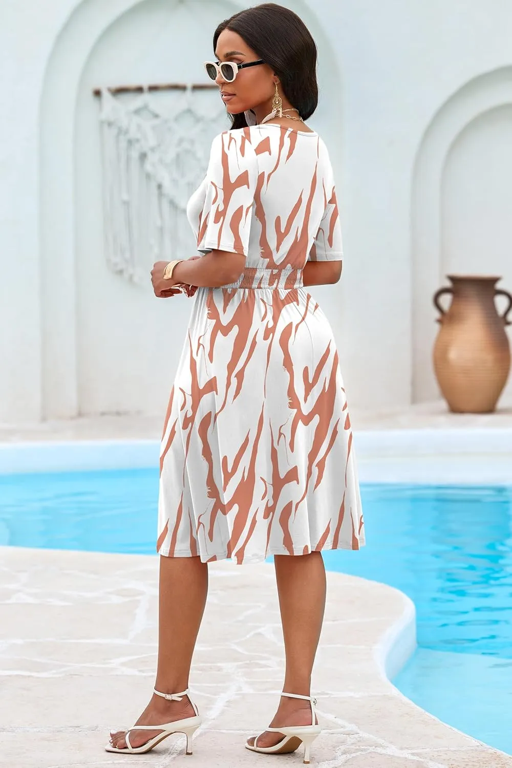 CLOCOR Summer Women Print Midi V Neck Empire Waist A-Line Short Sleeve Flowy Dresses