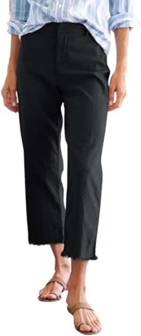 Cotton Linen Cropped Pants Women Straight Leg Capris Summer Business Casual Work Pants Ankle Length Chino Trousers