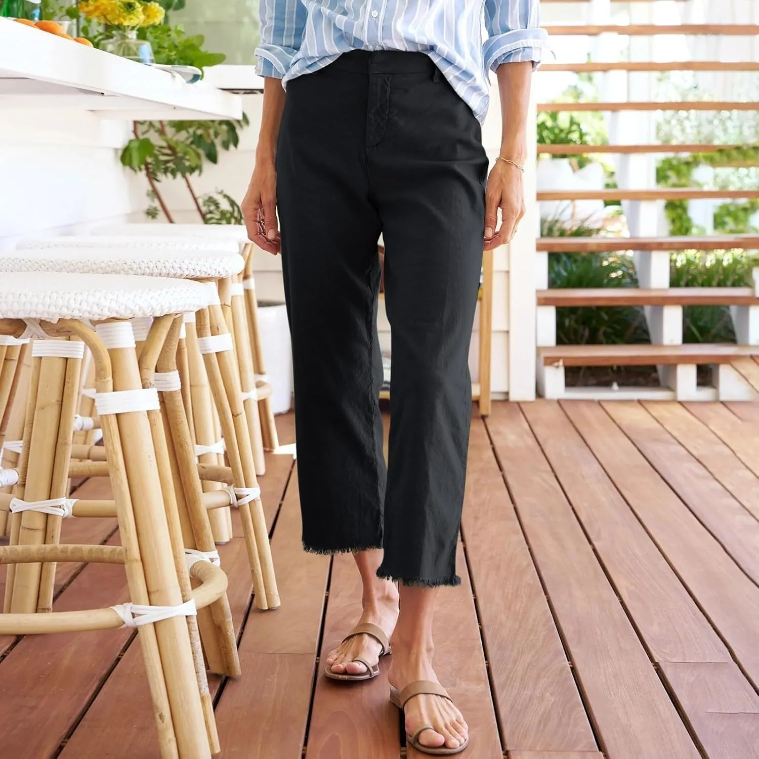 Cotton Linen Cropped Pants Women Straight Leg Capris Summer Business Casual Work Pants Ankle Length Chino Trousers