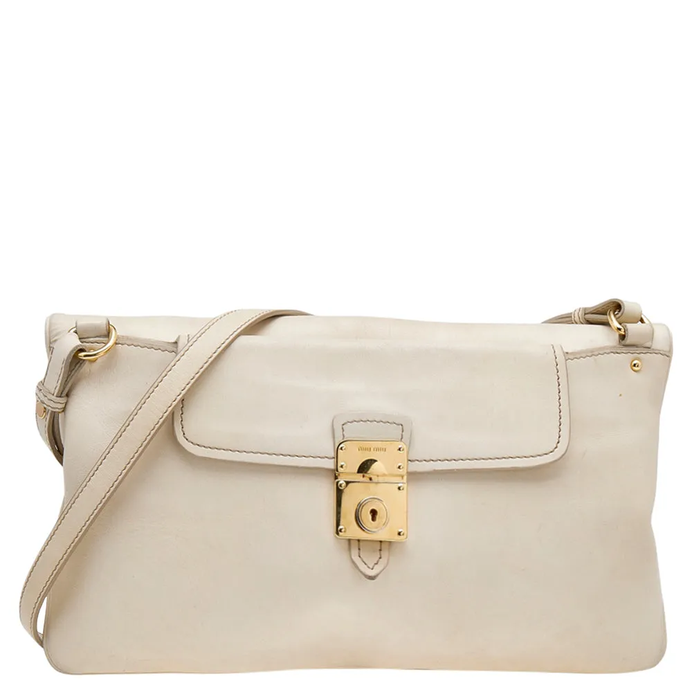 Cream Leather Fold Over Shoulder Bag