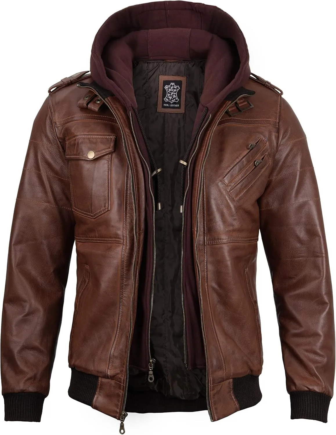 Decrum Hooded Leather Jacket Men - Casual Detachable Hood Leather Jackets for Men