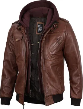 Decrum Hooded Leather Jacket Men - Casual Detachable Hood Leather Jackets for Men