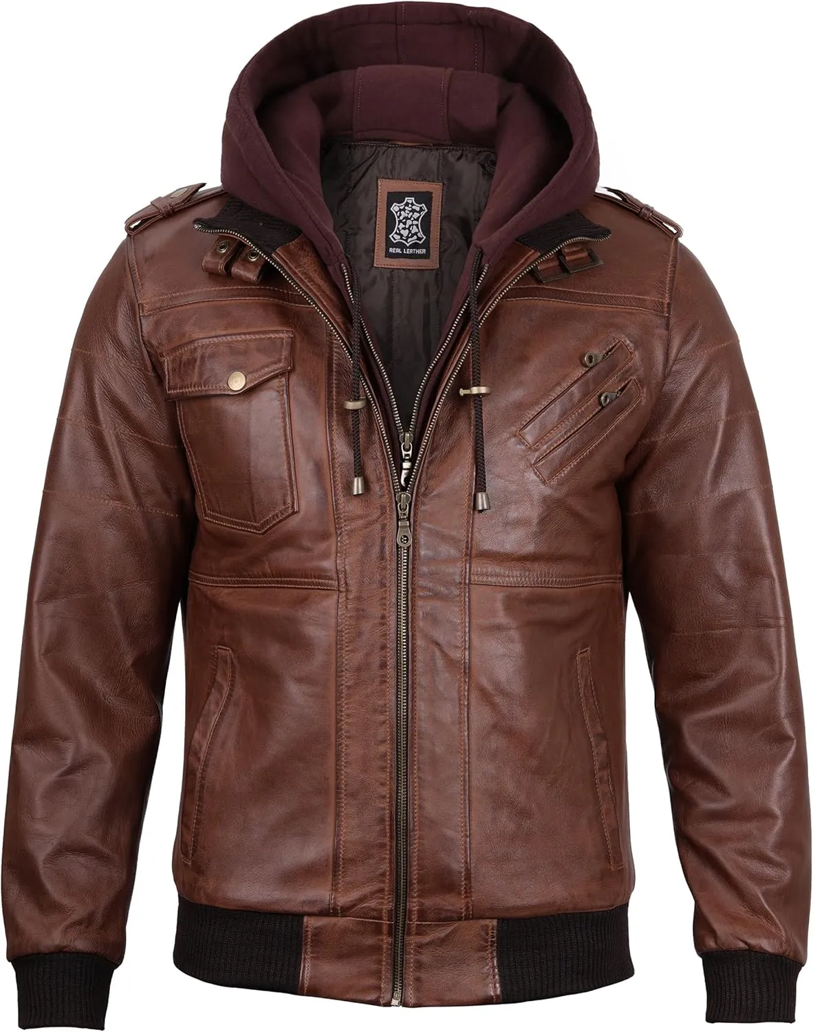 Decrum Hooded Leather Jacket Men - Casual Detachable Hood Leather Jackets for Men
