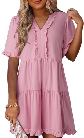 Dokotoo Womens Dresses 2025 Summer Spring V Neck Short Sleeve Casual A Line Flowy Swing Shift Dress Mini Dress