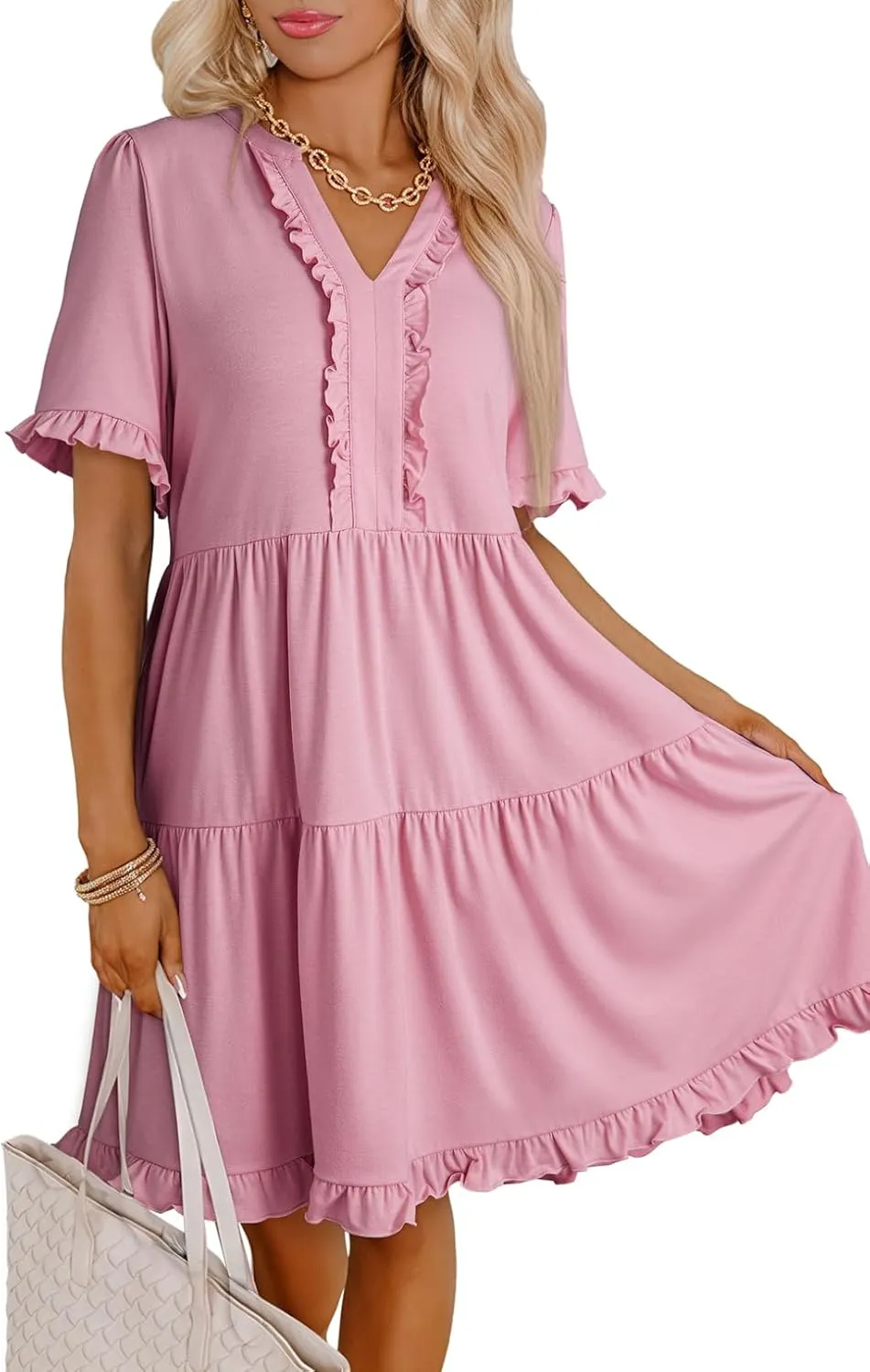 Dokotoo Womens Dresses 2025 Summer Spring V Neck Short Sleeve Casual A Line Flowy Swing Shift Dress Mini Dress
