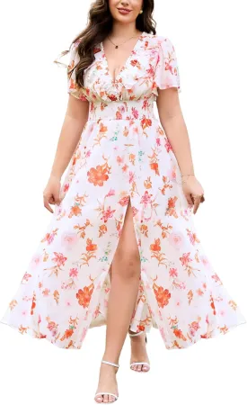 Dresses for Women 2025 Elegant Classy Wedding Guest Cocktail Formal Gown Short Flutter Sleeve Floral Maxi Dress