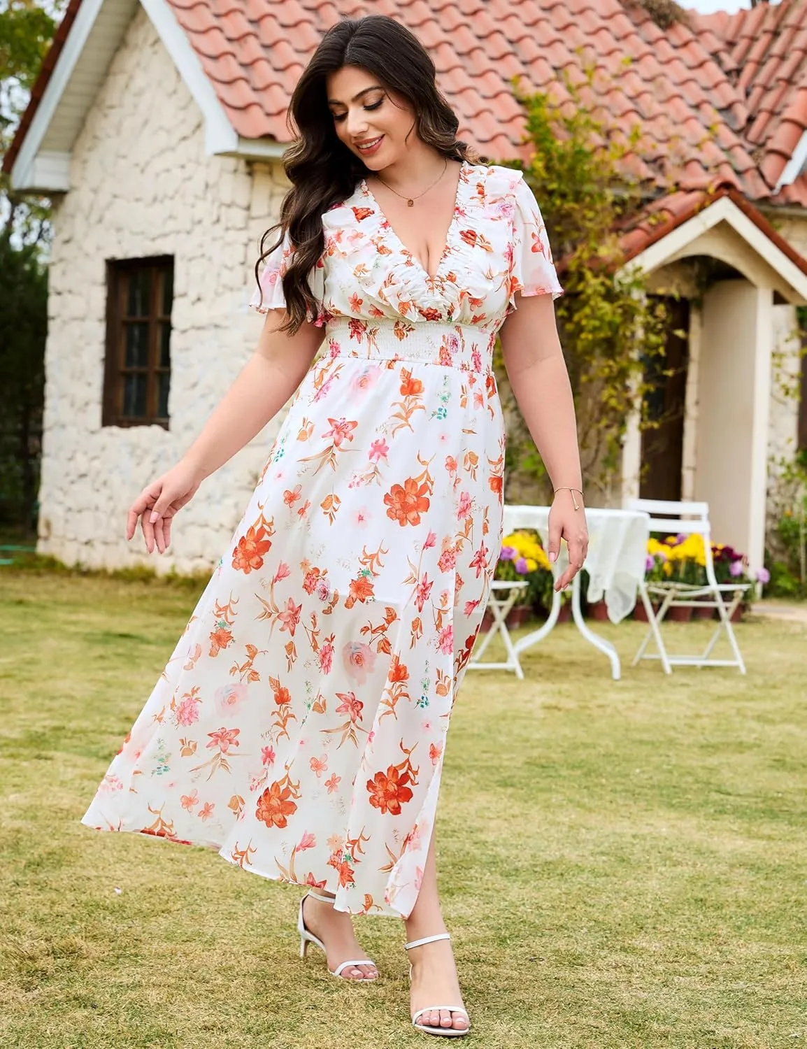 Dresses for Women 2025 Elegant Classy Wedding Guest Cocktail Formal Gown Short Flutter Sleeve Floral Maxi Dress
