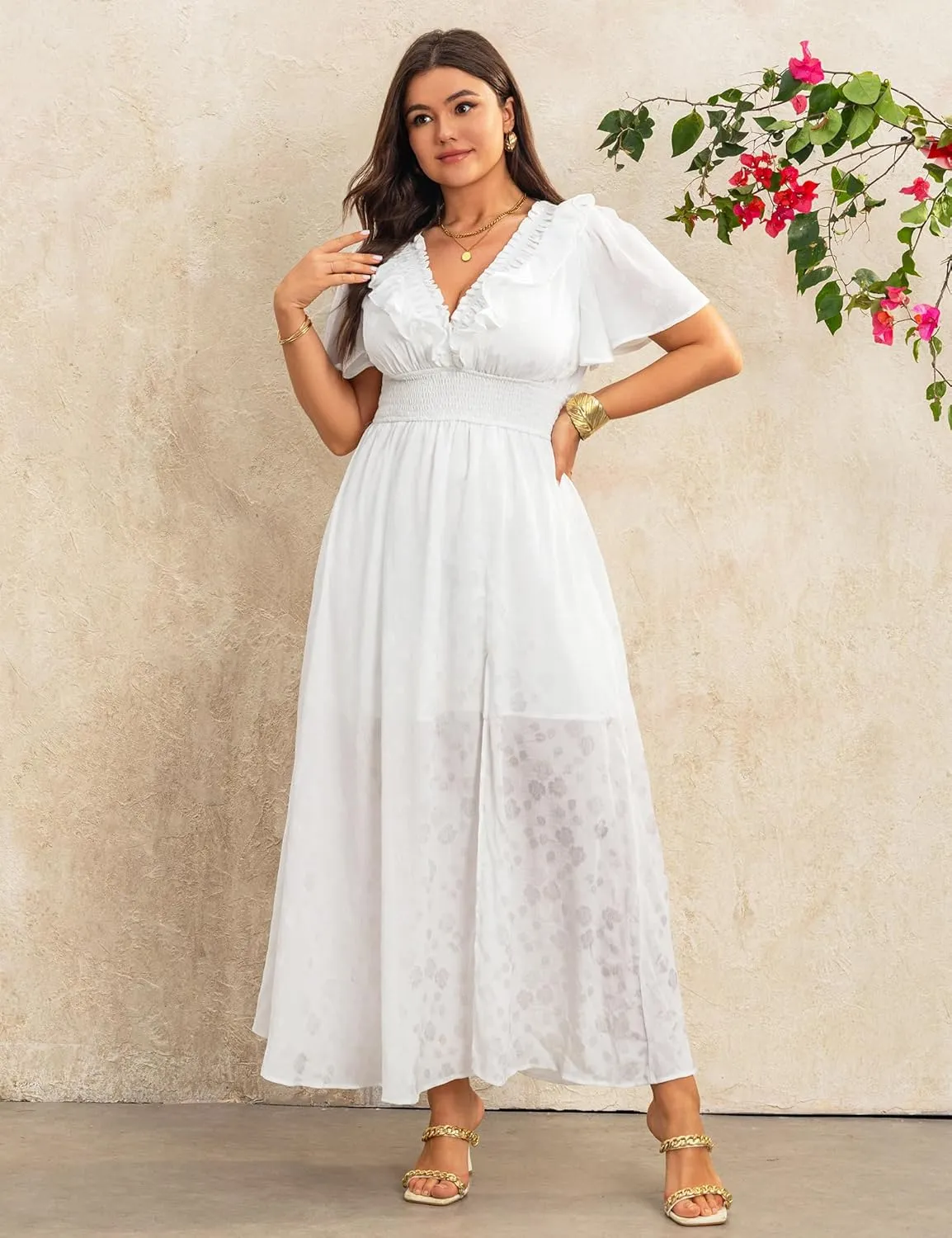 Dresses for Women 2025 Elegant Classy Wedding Guest Cocktail Formal Gown Short Flutter Sleeve Floral Maxi Dress